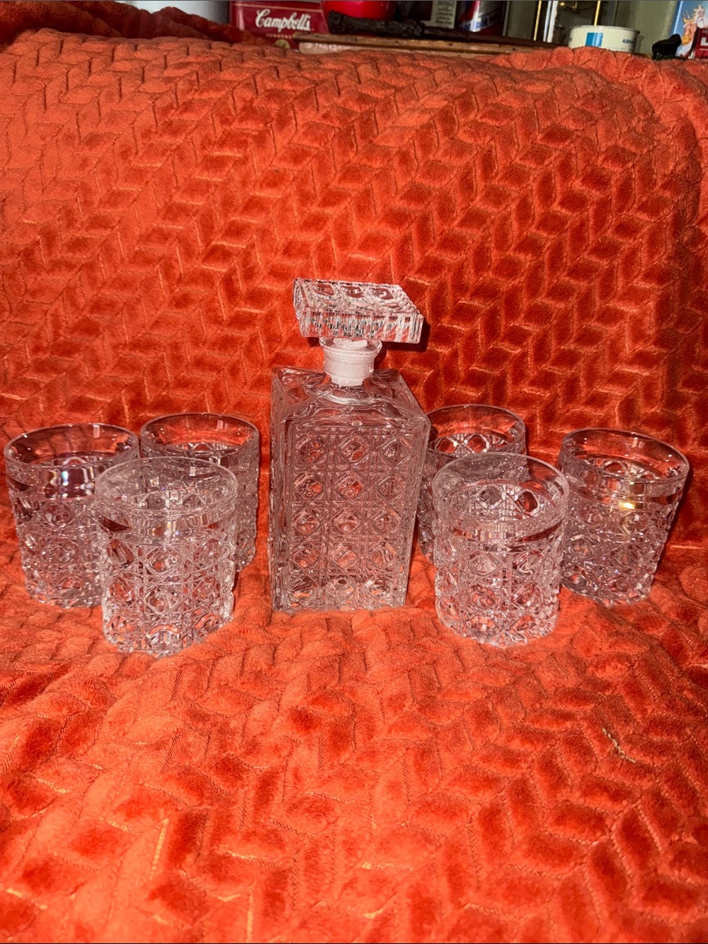 Rare Vintage Heavy Cut Crystal Decanter & 6 Tumblers Bar Set Luxury